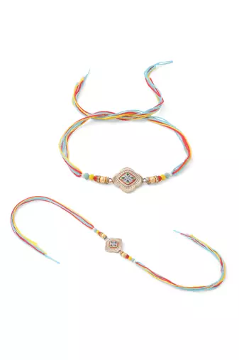 men set of 2 multicolor artificial stones thread rakhi with roli chawal chandan & mishri