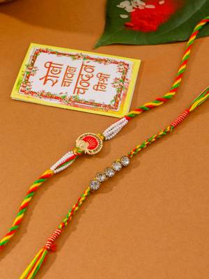 men set of 2 religious designer multicolor artificial stones thread rakhi with roli chawal chandan & mishri 1