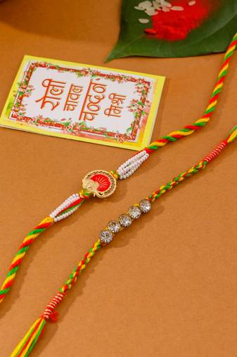 men set of 2 religious designer multicolor artificial stones thread rakhi with roli chawal chandan & mishri