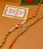 men set of 2 religious designer multicolor artificial stones thread rakhi with roli chawal chandan & mishri