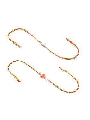 men set of 2 religious designer multicolor artificial stones thread rakhi with roli chawal chandan & mishri 2