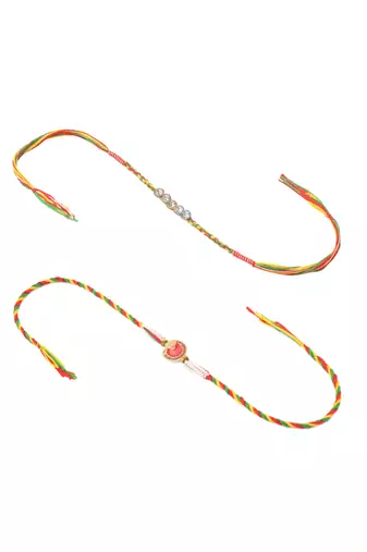 men set of 2 religious designer multicolor artificial stones thread rakhi with roli chawal chandan & mishri