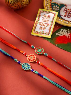 men set of 3 floral design multicolor artificial beads thread rakhi with roli chawal chandan & mishri 1
