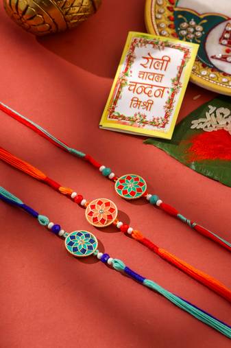 men set of 3 floral design multicolor artificial beads thread rakhi with roli chawal chandan & mishri