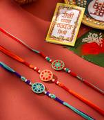 men set of 3 floral design multicolor artificial beads thread rakhi with roli chawal chandan & mishri
