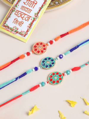 men set of 3 floral design multicolor artificial beads thread rakhi with roli chawal chandan & mishri 2