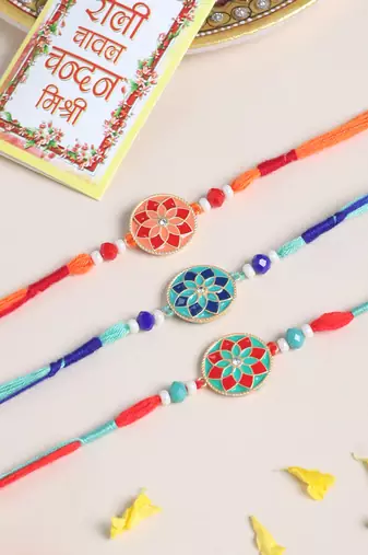 men set of 3 floral design multicolor artificial beads thread rakhi with roli chawal chandan & mishri