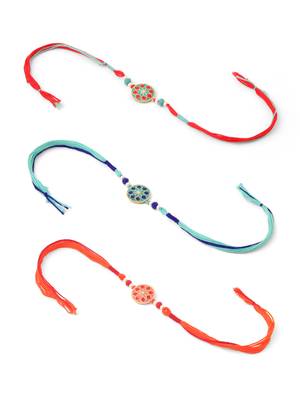 men set of 3 floral design multicolor artificial beads thread rakhi with roli chawal chandan & mishri 3