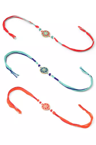 men set of 3 floral design multicolor artificial beads thread rakhi with roli chawal chandan & mishri