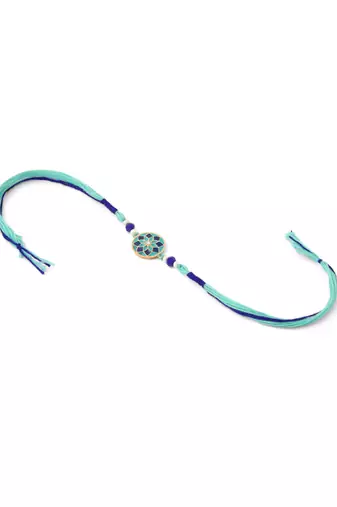 men set of 3 floral design multicolor artificial beads thread rakhi with roli chawal chandan & mishri