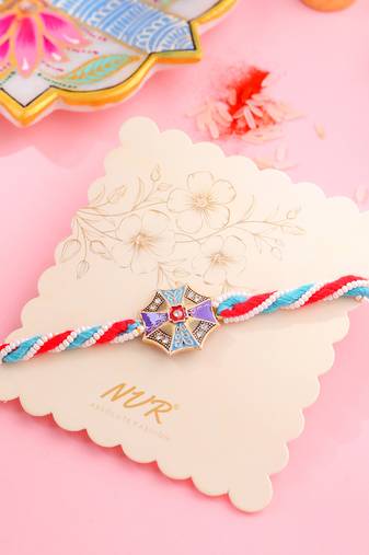 men floral design multicolor artificial stones & pearls thread rakhi with roli chawal chandan & mishri