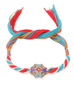 men floral design multicolor artificial stones & pearls thread rakhi with roli chawal chandan & mishri 2