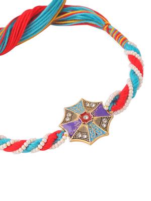 men floral design multicolor artificial stones & pearls thread rakhi with roli chawal chandan & mishri 4