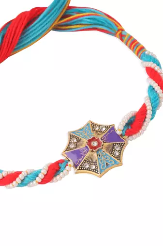 men floral design multicolor artificial stones & pearls thread rakhi with roli chawal chandan & mishri