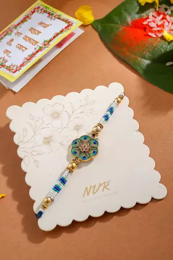 men peacock design multicolor artificial stones & pearls thread rakhi with roli chawal chandan & mishri