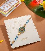 men peacock design multicolor artificial stones & pearls thread rakhi with roli chawal chandan & mishri