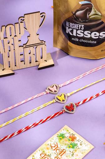 men set of 3 heart shape multicolor artificial stones thread rakhi combo