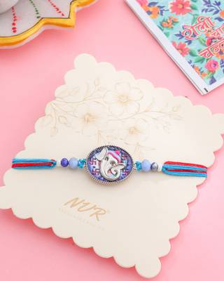 men red & blue ganesh ji thread rakhi with roli chawal chandan & mishri 2