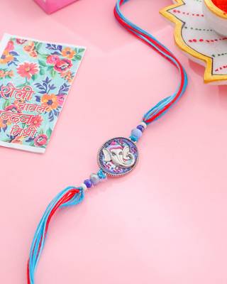 men red & blue ganesh ji thread rakhi with roli chawal chandan & mishri 3