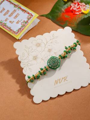 men green artificial beads round shape thread rakhi with roli chawal chandan & mishri 1