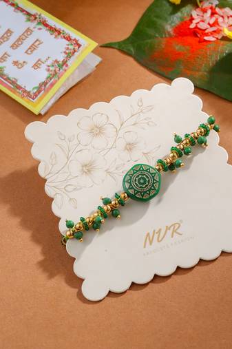 men green artificial beads round shape thread rakhi with roli chawal chandan & mishri