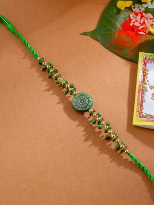 men green artificial beads round shape thread rakhi with roli chawal chandan & mishri 2