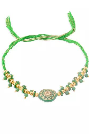 men green artificial beads round shape thread rakhi with roli chawal chandan & mishri