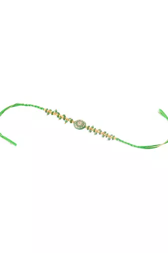 men green artificial beads round shape thread rakhi with roli chawal chandan & mishri