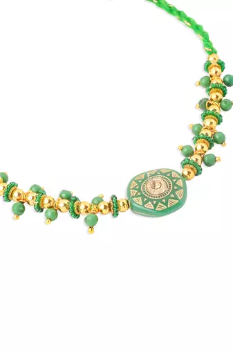 men green artificial beads round shape thread rakhi with roli chawal chandan & mishri