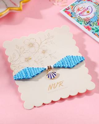 men blue pearls unique design thread rakhi with roli chawal chandan & mishri 1
