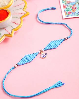 men blue pearls unique design thread rakhi with roli chawal chandan & mishri 2