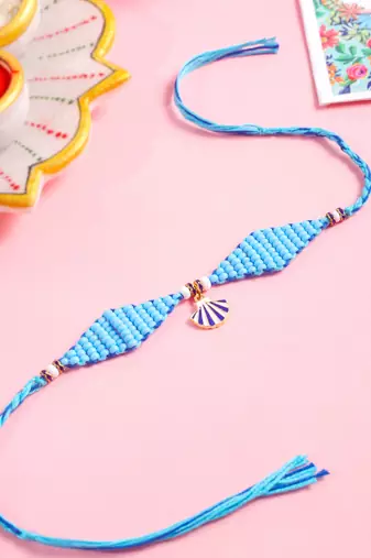 men blue pearls unique design thread rakhi with roli chawal chandan & mishri