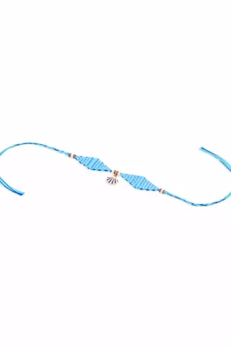 men blue pearls unique design thread rakhi with roli chawal chandan & mishri