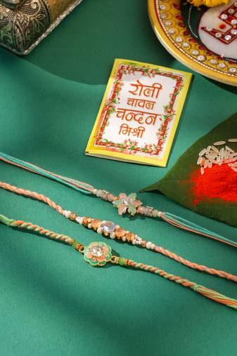 men set of 3 floral design multicolor artificial stones & pearls thread rakhi with roli chawal chandan & mishri