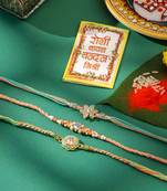 men set of 3 floral design multicolor artificial stones & pearls thread rakhi with roli chawal chandan & mishri