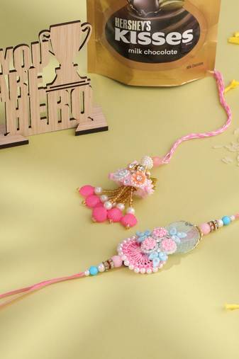 set of 2 multicolor handcrafted artificial stones & pearls bhaiya bhabhi rakhi combo