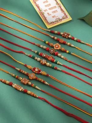 men set of 10 floral design red artificial stones and beads thread rakhi with roli chawal chandan & mishri 1