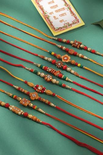 men set of 10 floral design red artificial stones and beads thread rakhi with roli chawal chandan & mishri