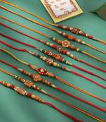 men set of 10 floral design red artificial stones and beads thread rakhi with roli chawal chandan & mishri