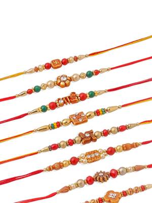 men set of 10 floral design red artificial stones and beads thread rakhi with roli chawal chandan & mishri 2