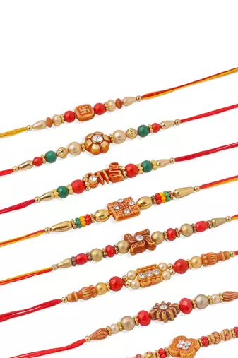men set of 10 floral design red artificial stones and beads thread rakhi with roli chawal chandan & mishri