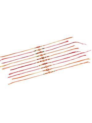 men set of 10 floral design red artificial stones and beads thread rakhi with roli chawal chandan & mishri 3