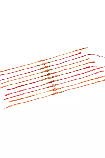 men set of 10 floral design red artificial stones and beads thread rakhi with roli chawal chandan & mishri
