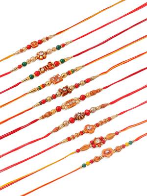 men set of 10 floral design red artificial stones and beads thread rakhi with roli chawal chandan & mishri 4