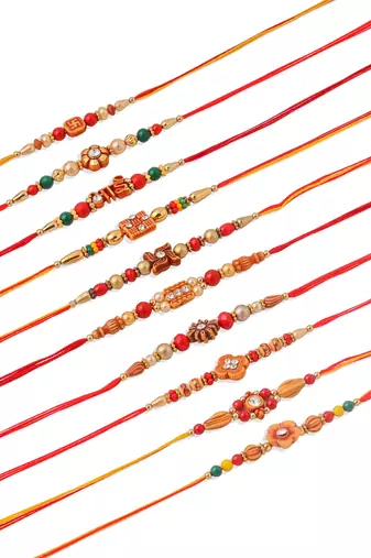 men set of 10 floral design red artificial stones and beads thread rakhi with roli chawal chandan & mishri