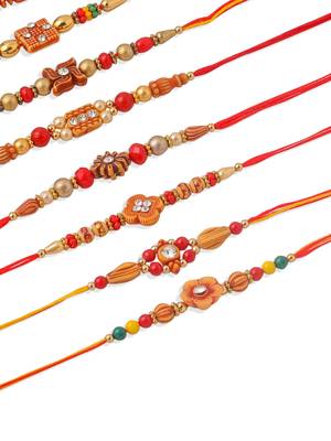 men set of 10 floral design red artificial stones and beads thread rakhi with roli chawal chandan & mishri 5