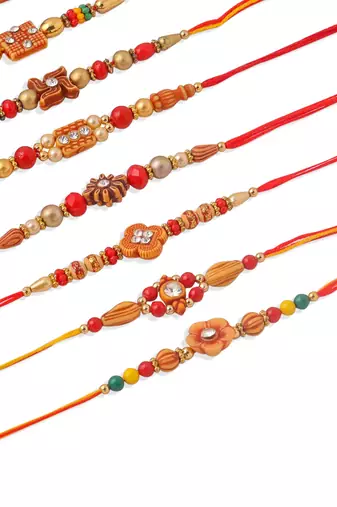 men set of 10 floral design red artificial stones and beads thread rakhi with roli chawal chandan & mishri