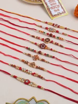 men set of 10 red artificial stones and beads rudraksh thread rakhi with roli chawal chandan & mishri 1