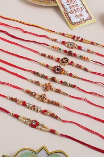men set of 10 red artificial stones and beads rudraksh thread rakhi with roli chawal chandan & mishri