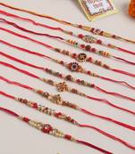 men set of 10 red artificial stones and beads rudraksh thread rakhi with roli chawal chandan & mishri